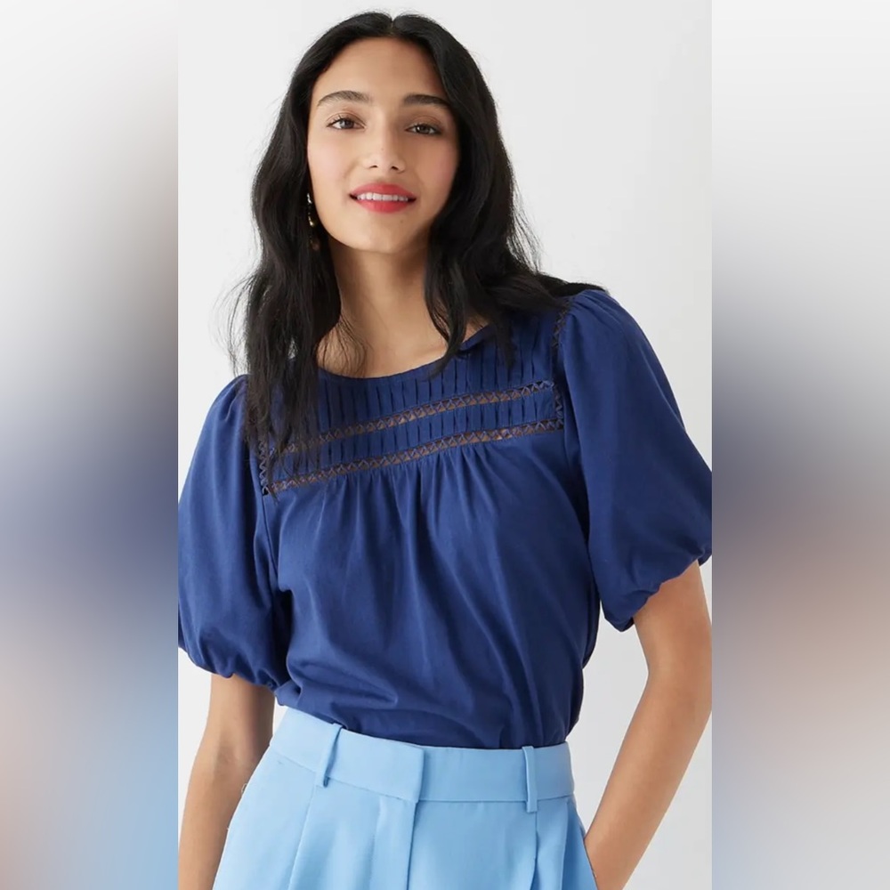 J Crew Short Sleeve Navy Lace-Trim Puff-Sleeve Blouse T-Shirt Size S NWT
